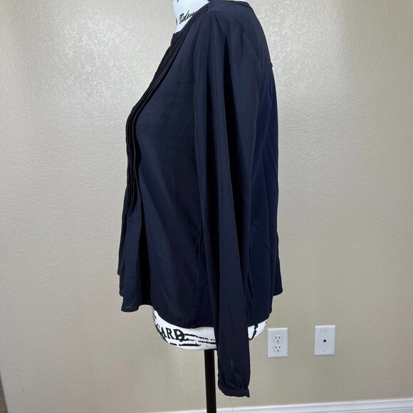 Ann Taylor Petite Navy Blue sheer pleated  long sleeve top size S academia work - Picture 11 of 14